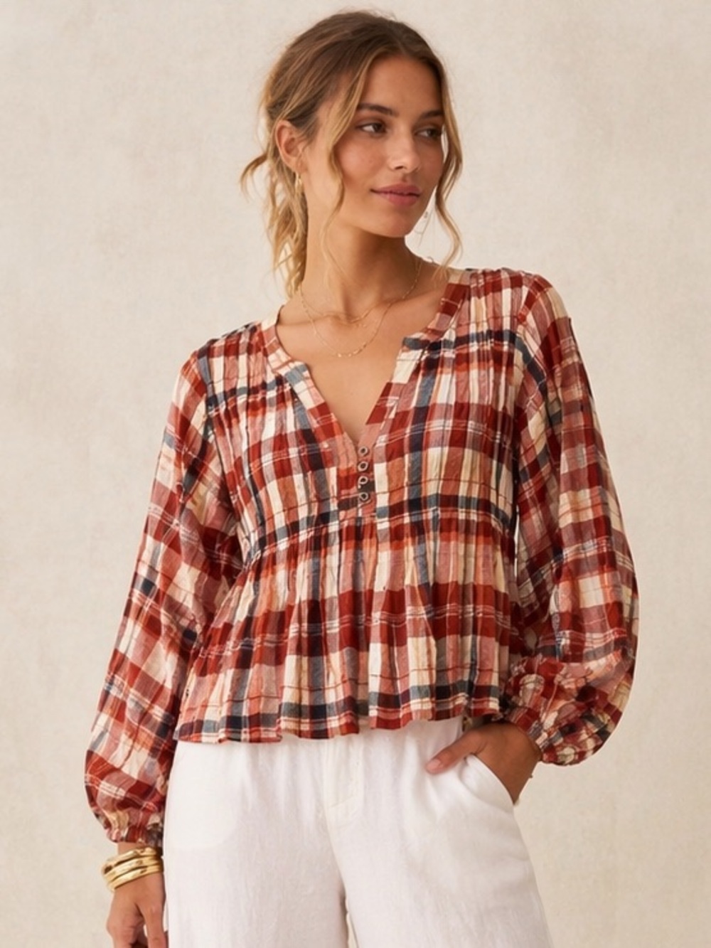 Pilcro Pleated Swing  Blouse Balloon Sleeve Plaid Metallic Anthropologie Size XS